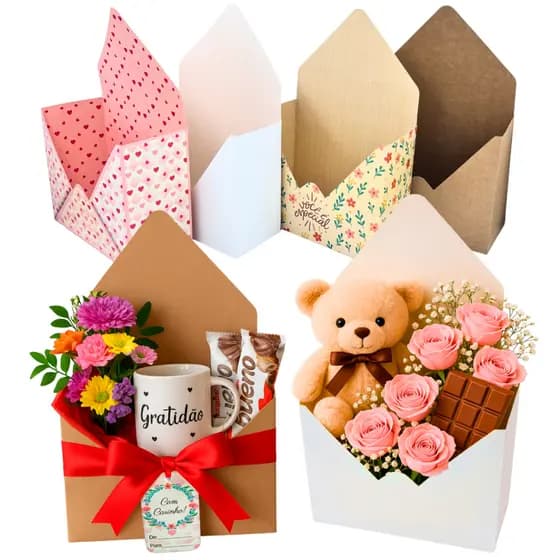 Embalagem para Flores e Presentes tipo Carta Envelope. Lembrancinha Floricultura Caixa Envelope