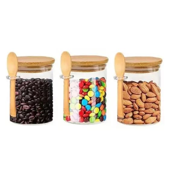 Kit 3 Potes De Vidro 550ml Redondo Tampa Bambu Hermético Com Colher