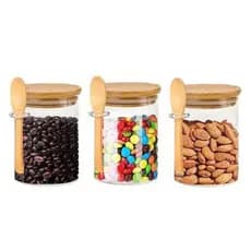 Kit 3 Potes De Vidro 550ml Redondo Tampa Bambu Hermético Com Colher