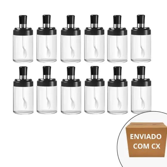 Porta Tempero em Vidro com Colher Kit 12 unidades Porta Sal Açucar e condimentos