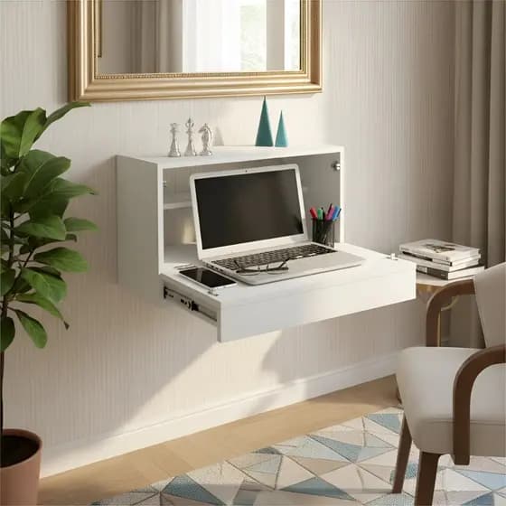 Escrivaninha Suspensa Bancada Compacta com Gaveta Mesa para Notebook Branco Laca