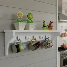 Prateleira Cabideiro Suporte Porta Canecas Utensílios de Cozinha Mochilas Bolsas Branco Laca