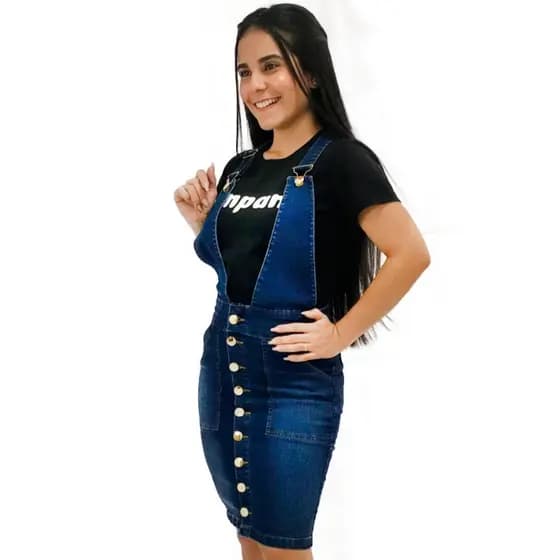Salopete Jeans Macacão Saia Com Botões Da Moda Feminina Evangélica Jardineira Com Lycra REF: JAD01