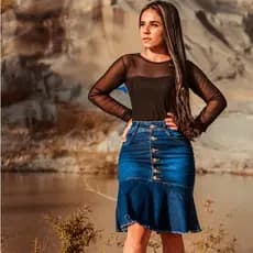 Saia Jeans Com Babado Moda Feminina Evangelica Cintura Alta Lycra Elastano Tecido Qualidade REF: 03