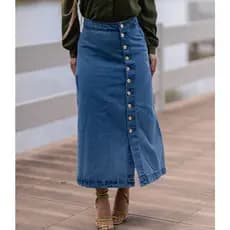 Saia Jeans Longa com Botões Dourados Laterais e Bolsos Cargo Longuete Moda evangélica (Ref. 1237)