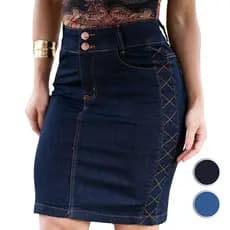 Saia Jeans Secretária Feminina com Costura Lateral em X Cintura Alta e Elastano Moda Evangélica 1144