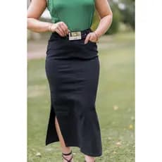 Saia Preta Elegante Longa Abaixo Do Joelho Midi + Cinto Ajustavel Brim Lycra Moda Evangélica REF1234