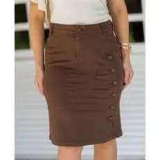 Saia Secretária Marrom Cetim Charmosa Com Botões Laterais Cobertos Moda Feminina Evangélica REF.1239