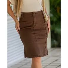 Saia Social Marrom em Cetim Sofisticado Com Lycra E Botões Laterais Discretos Moda Modesta REF.1239