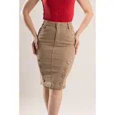 Saia Midi Moda Feminina Chique Fashion Casual Elegante Confortavel Caimento Perfeito Bege Jeans