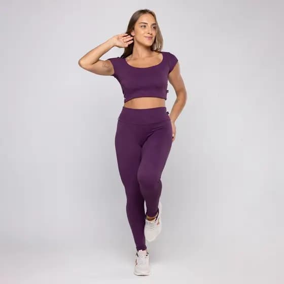 Conjunto Fitness Feminino Legging Poliamida Cós Alto + Cropped Bojo Removível Fitness