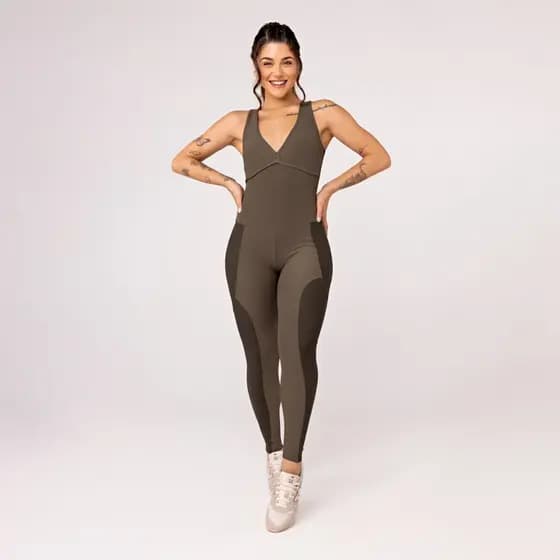 Macacão Fitness Feminino Longo Canelado Zero Transparência Bojo Removível Poliamida