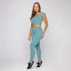 Conjunto Feminino Academia Top Fitness Camisetinha + Calça Legging Cintura Alta Poliamida Zero Transparente