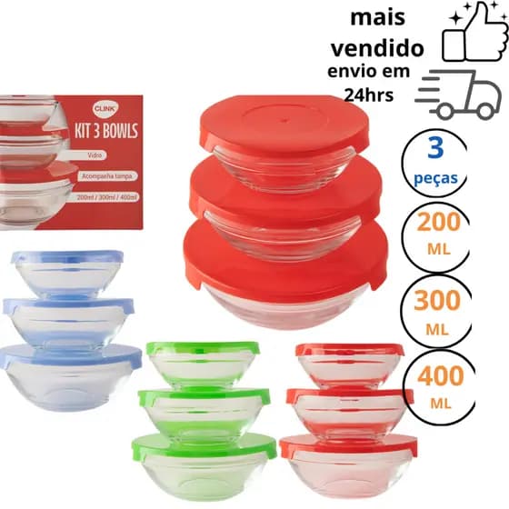kit 3 pote de vidro tigela hermético com tampa potes redondo vidros bowls de 200-300 e 400ML