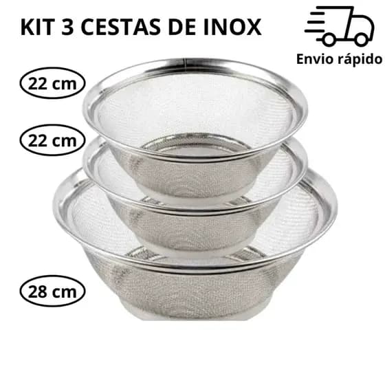 Kit 3 Cestas em Inox Escorredor Multiuso 1 de 28cm + 2 de 22cm P/ Cozinha Escorrer Macarrão Legumes Arroz Fruteira ofert