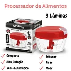1 Processador Manual 500ml com 3 Lâminas Inox – Triturador de Alimentos Prático