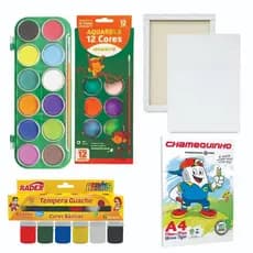 Kit de Pintura Infantil Aquarela: 1 Aquarela 12 Cores  + 50 Folhas Sufite + Guache 6 Cores + Tela de Pintura 10x15cm