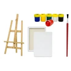 Kit de Pintura Infantil: 1 Cavalete 23cm + 1 Tela 10x15cm grampeada atrás + 1 Pincel + Caixa de Guache com 6 cores