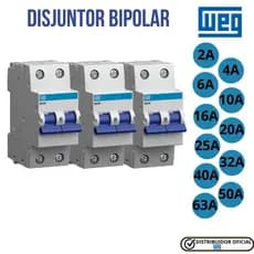 Disjuntor Weg Bipolar Mdw Curva C 2A, 4A, 6A, 10A, 16A, 20A, 25A, 32A, 40A, 50A e 63A