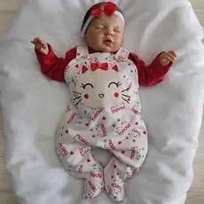 Roupa Macacão Manga Longa Kids Menina Bebê Jardineira com Body Manga Longa Bordado Cat Maya Vermelha