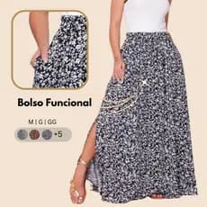 Saia Longa Estampada Bolso Elástico Na Cintura Fenda Lateral