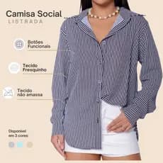 Camisa Feminina Social Clássica Listrada C/ Botões Elegante