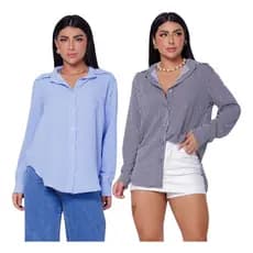 Kit 2 Camisas Social Clássica Listrada Botões Clássica Moda Feminina