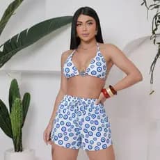 Biquini Conjunto Trikini 3 Peças Short Praia Moda Tendência
