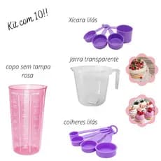 kit medidores 10 peças jarra 1 litro copo rosa sem tampa xicaras e colheres cozinha e confeitaria para o seu lar