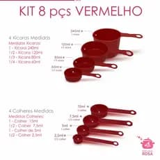 Xicaras e colheres medidas medidores 8 peças - Vermelho - Medidas exatas para suas receitas