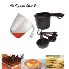 Medidores completos com 9 peças jarra, xicara e colheres (preto), todas as suas receitas sem erro