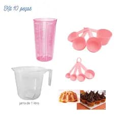 Medidores Medidas kit com 10 peças rosa - xicara, colher rosa - copo rosa sem tampa - jarra 1 litro