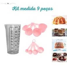 kit medidores - ROSA COM PRETO - 9 peças - Copo, xicaras e colheres