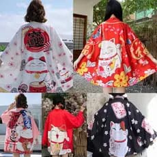 Moda Verão Mulher Praia Estilo Cardigan Kimono Fortune Cat Lucky Gato Acolhedor Impressão Haori Tops Japonês Cosplay