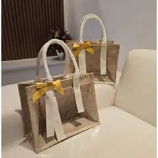 Bolsa Juta Palha Frente Transparente Laço Feminina Ombro Praia Piscina Moda Linda Zíper Linda