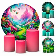 Kit Cilindros + Painel de Festa Capas Para Tema Jardim Encantado Varios Modelos Tecido Helanca Grosso Elastico Veste