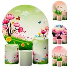 Kit Capas de Festa Para aniversarios Borboletas Jardim Eventos Trio Cilindros + Painel Tecido Premium Elastico Veste Facil Varios Modelos