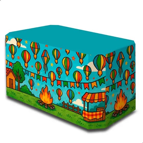 Capa de Mesa Decorativa Veste Fácil Tema Festa Junina em Tecido Helanca Sublimado Não Amassa Não Desbota Durável