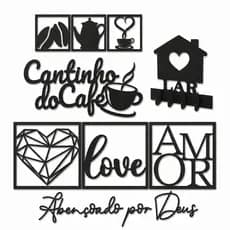 Conjunto Decorativo em MDF Preto - 6 Placas + Letreiros para Cantinho do Café e Amor com Fita 3M