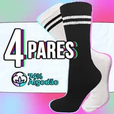 Kit até 4 Pares Meia Cano Alto Feminina de Algodão Listrada Estilosa Skate Academia