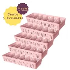 Kit 05 Cestos Caixas Com 5 Divisórias Removíveis Plástico