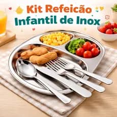 Kit Refeição Infantil em Inox 4 Peças  Prato com Divisórias + Talheres | Resistente e Seguro