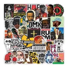 Kit 50 Adesivos Stickers Rap Hip-Hop Tupac Racionais 50 cent Eminem A prova D'Agua Skate Notebook