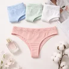 Kit 3 Calcinhas Cintura com Renda Tanga Feminina de Algodão