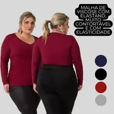 Blusa Feminina Plus Size Decote V Manga Longa Varias Cores 1129