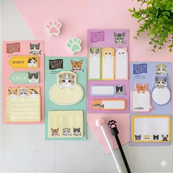 Kit Bloco de Notas Cute Cat em Cartela Gatinhos Fofos Notas Adesivas Post it (100 Adsivos Cada)