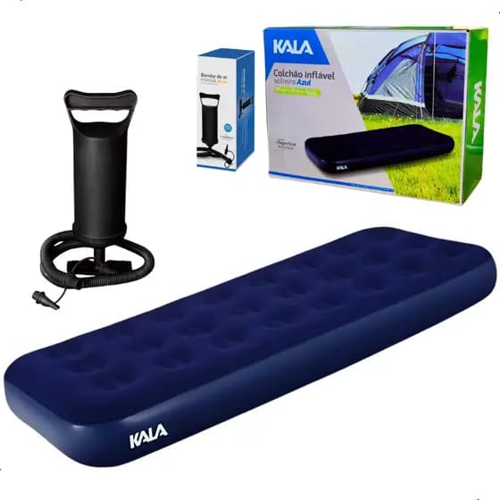 Colchão Camping Solteiro Inflável Azul Kala + Bomba De Ar Manual Para Colchão E Infláveis