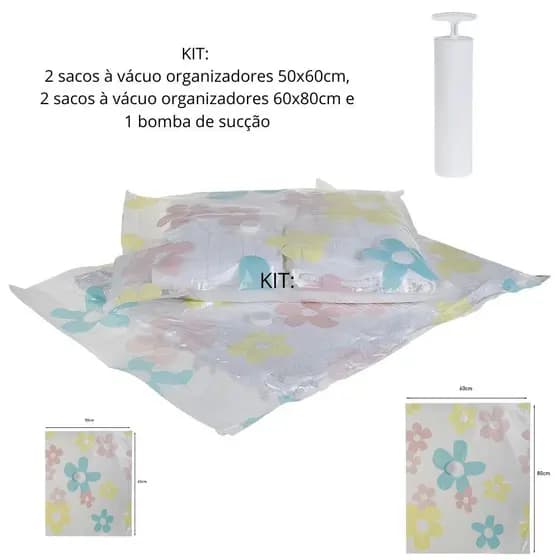Kit 4 sacos a vácuo + 1 Bomba de Sucção para Organizar Roupa Mala Viagem