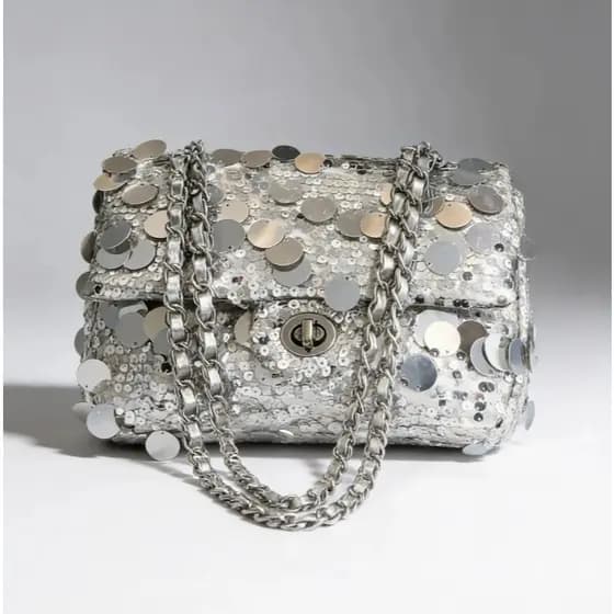 Bolsa De Ombro Alça Prata Elegante Feminina Corrente Brilho Prateada Elegante
