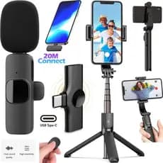 Kit Microfone Lapela Sem Fio Receptor Tipo-C Bastão Tripé Para Celular Smartphone